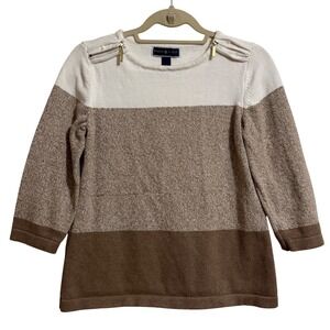 Karen Scott Womens Small Colorblock Cotton Sweater 3/4 Sleeve Shoulder Zippers